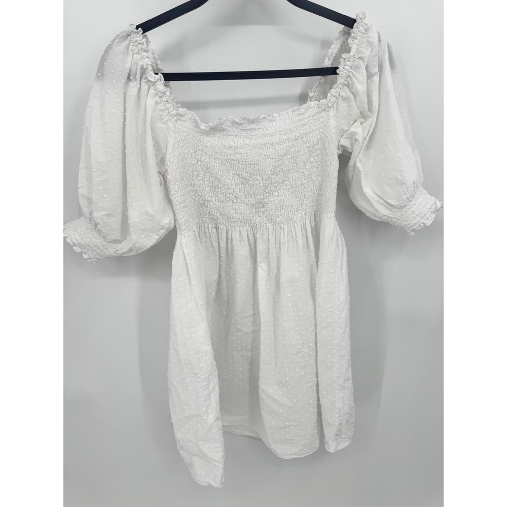 Hill House Dress Women XS White Swiss Dot Smocked Puff Sleeve Mini‎